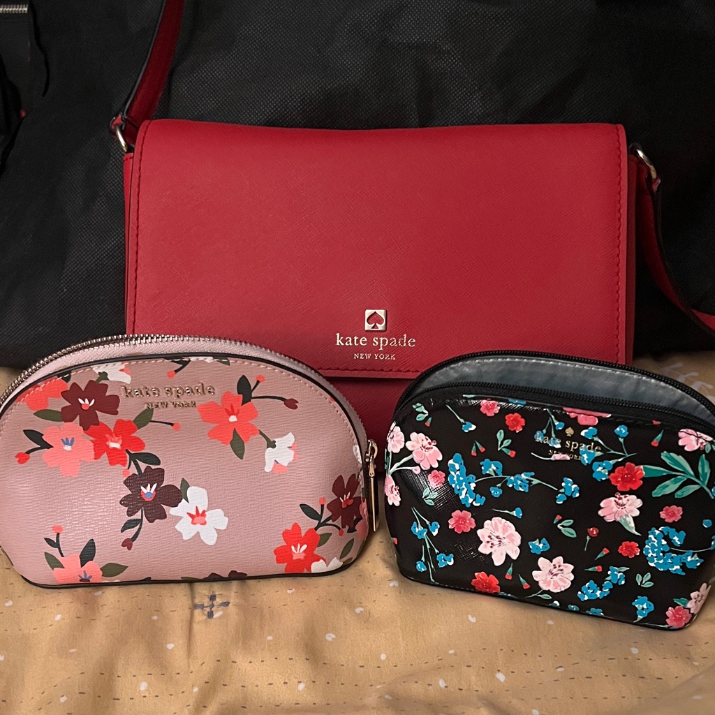 Kate Spade Apple Red Purse With 2 Floral Cosmetic Cases. Sold Together